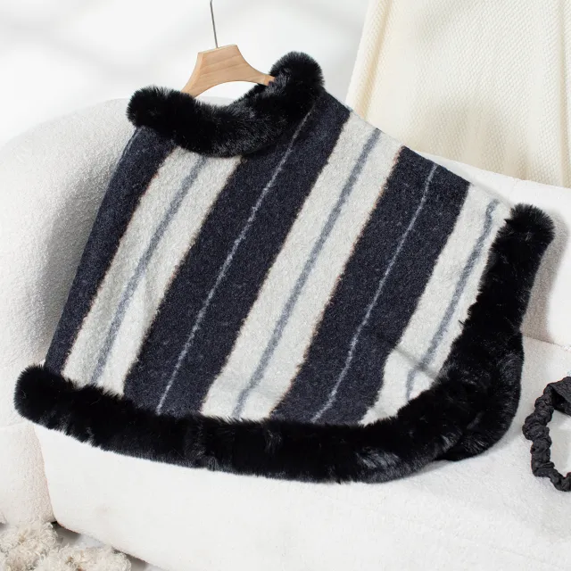 Cape Fur Collar Striped Knitted Shawl Sweater For Women Black - Shop at LoveMi
