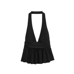 Women's Fashion Temperament Laminated Decoration Halter Top - Black - View 1