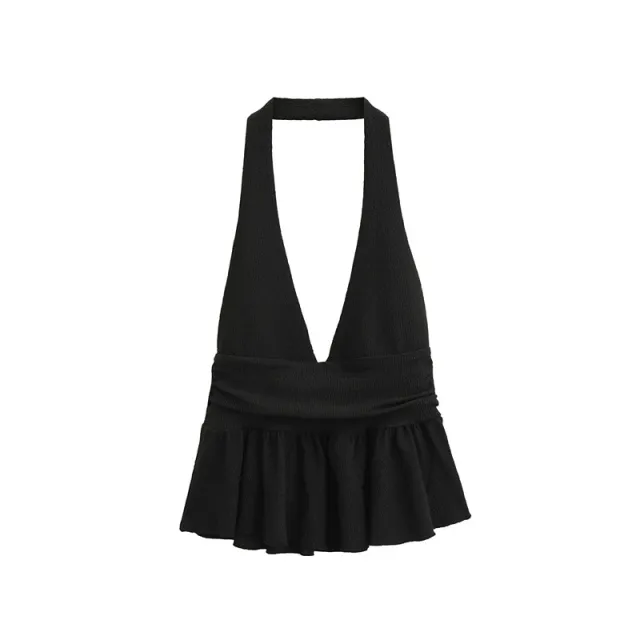 Women's Fashion Temperament Laminated Decoration Halter Top Black - Shop at LoveMi