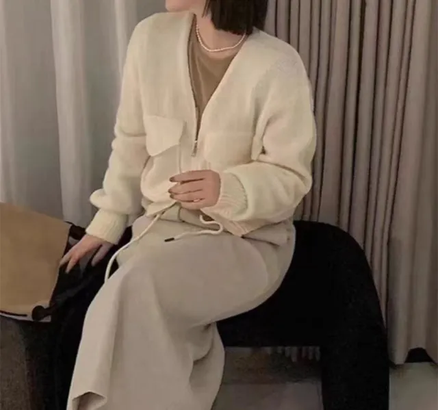 Zipper Lazy Casual Loose Knitted Cardigan Fashionable Jacket Sweater Beige - Shop at LoveMi