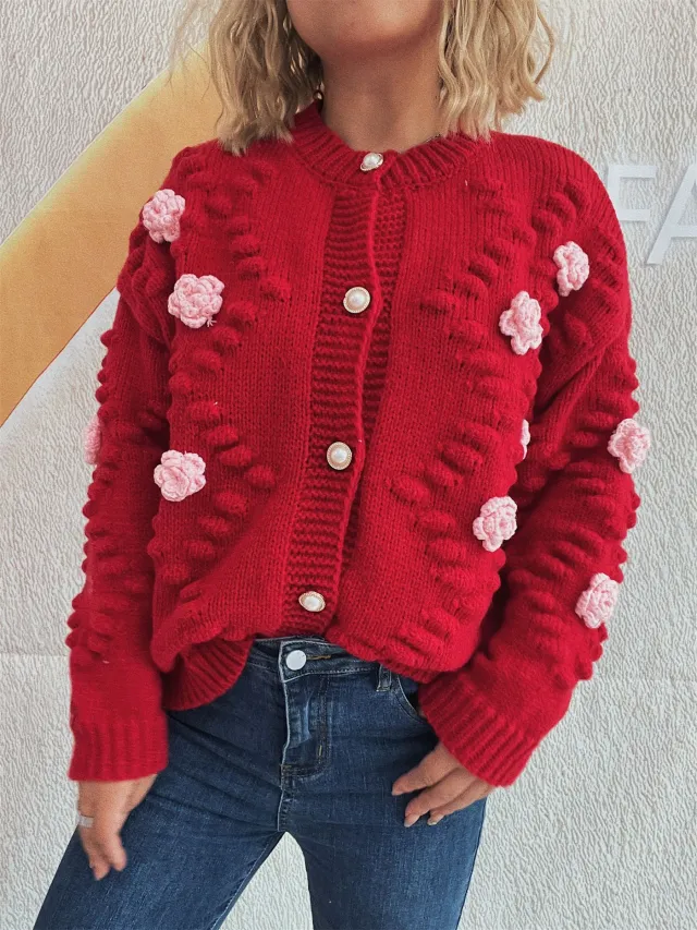 Cute Three dimensional Flower Decorative Knitted Cardigan Round Neck Sweater Red - Shop at LoveMi