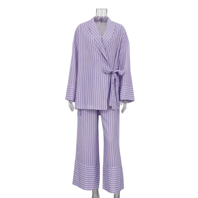 Casual Striped Cross Design Lace up Long Sleeve Top Wide Leg Pants Two piece Set Purple - Shop at LoveMi