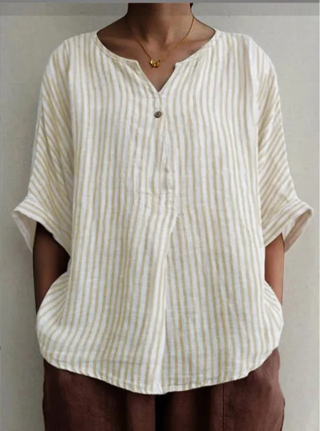 V neck Striped Loose Short sleeved Cotton And Linen Shirt Apricot - Shop at LoveMi