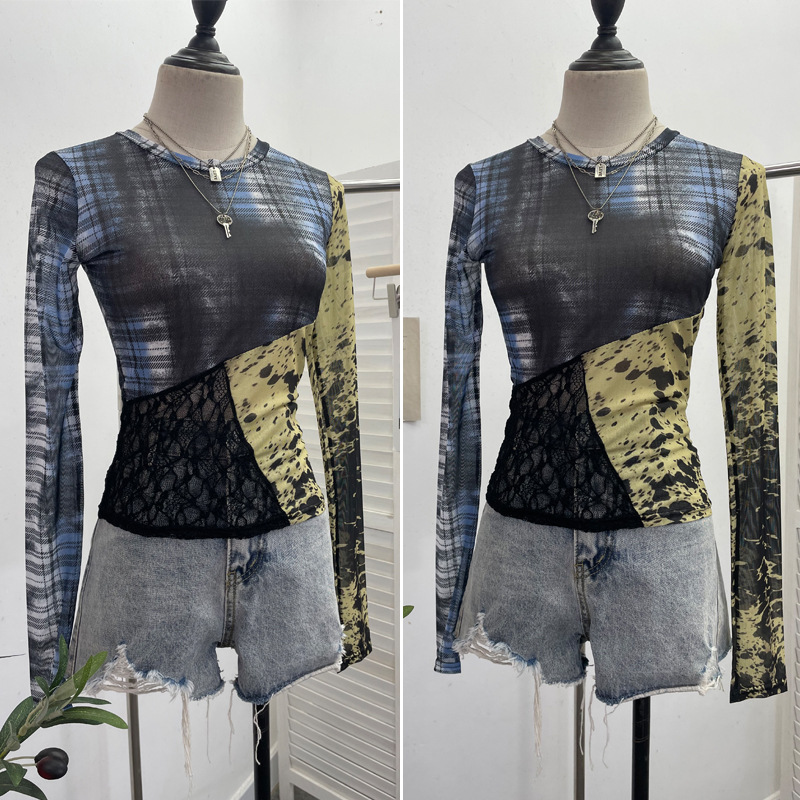 Plaid Mesh Floral Print Top Stitching See-through Lace