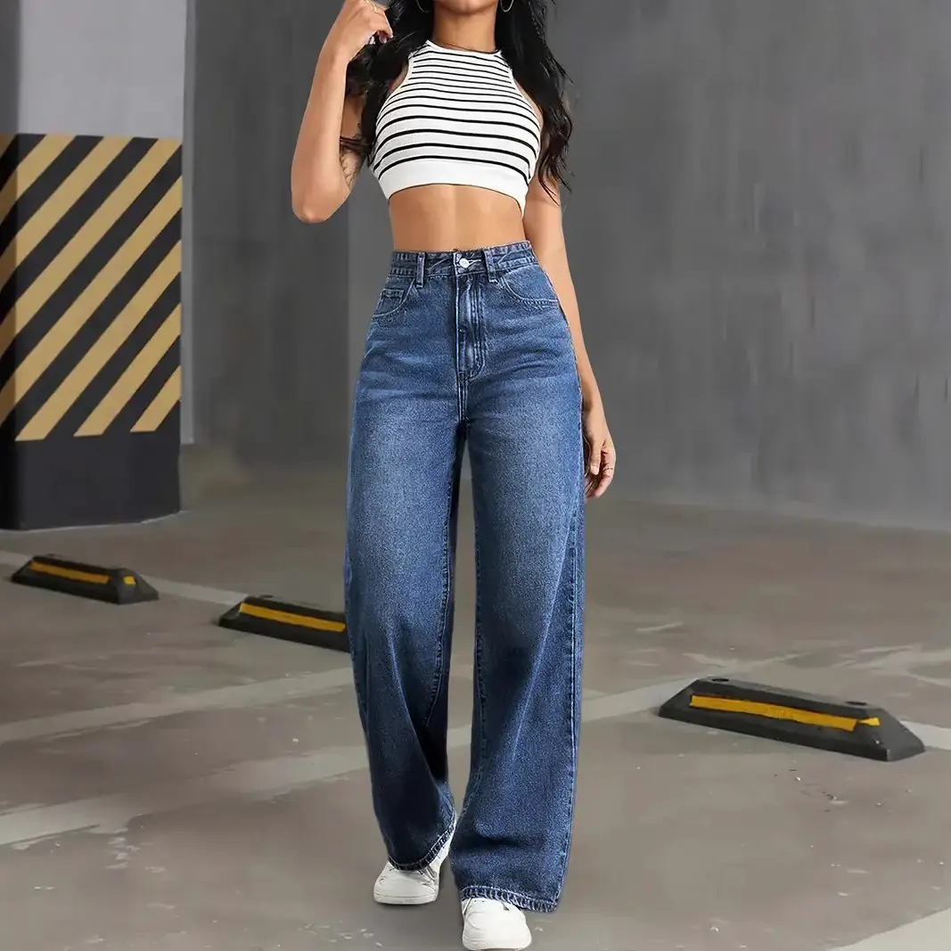 Womens Casual Straight-leg High-waist Denim Trousers