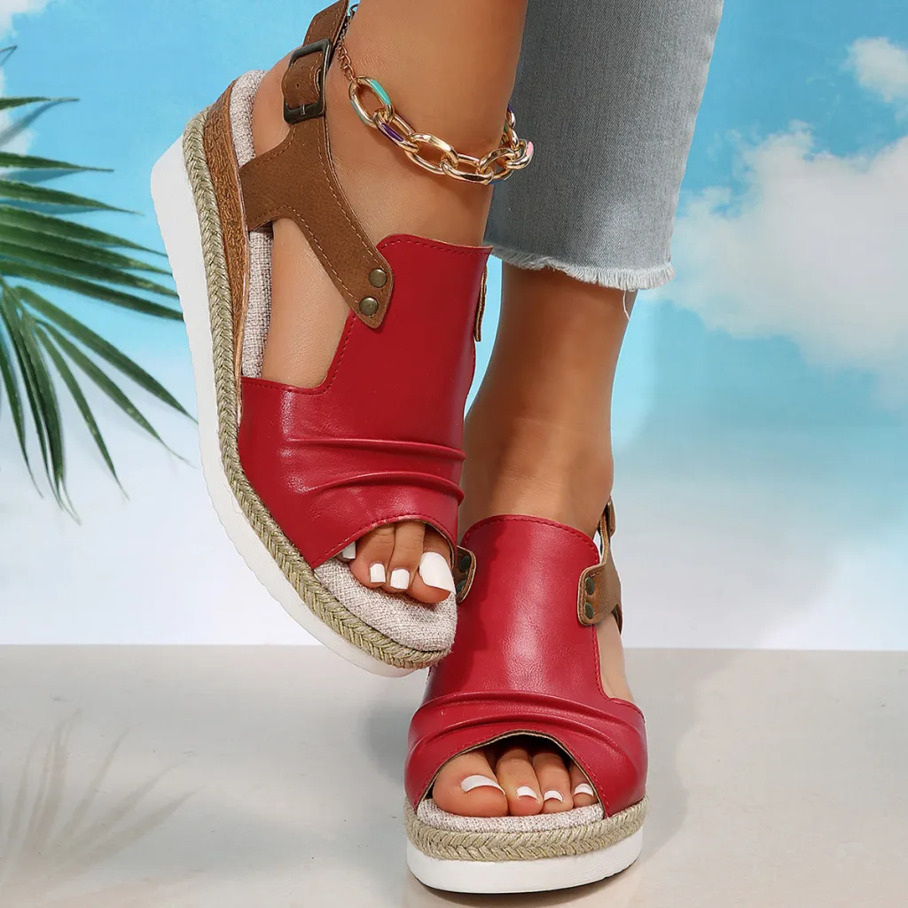 Fish Mouth Wedges Sandals With Straw Design Summer Peep Toe Buckle Beach Shoes For Women - Red