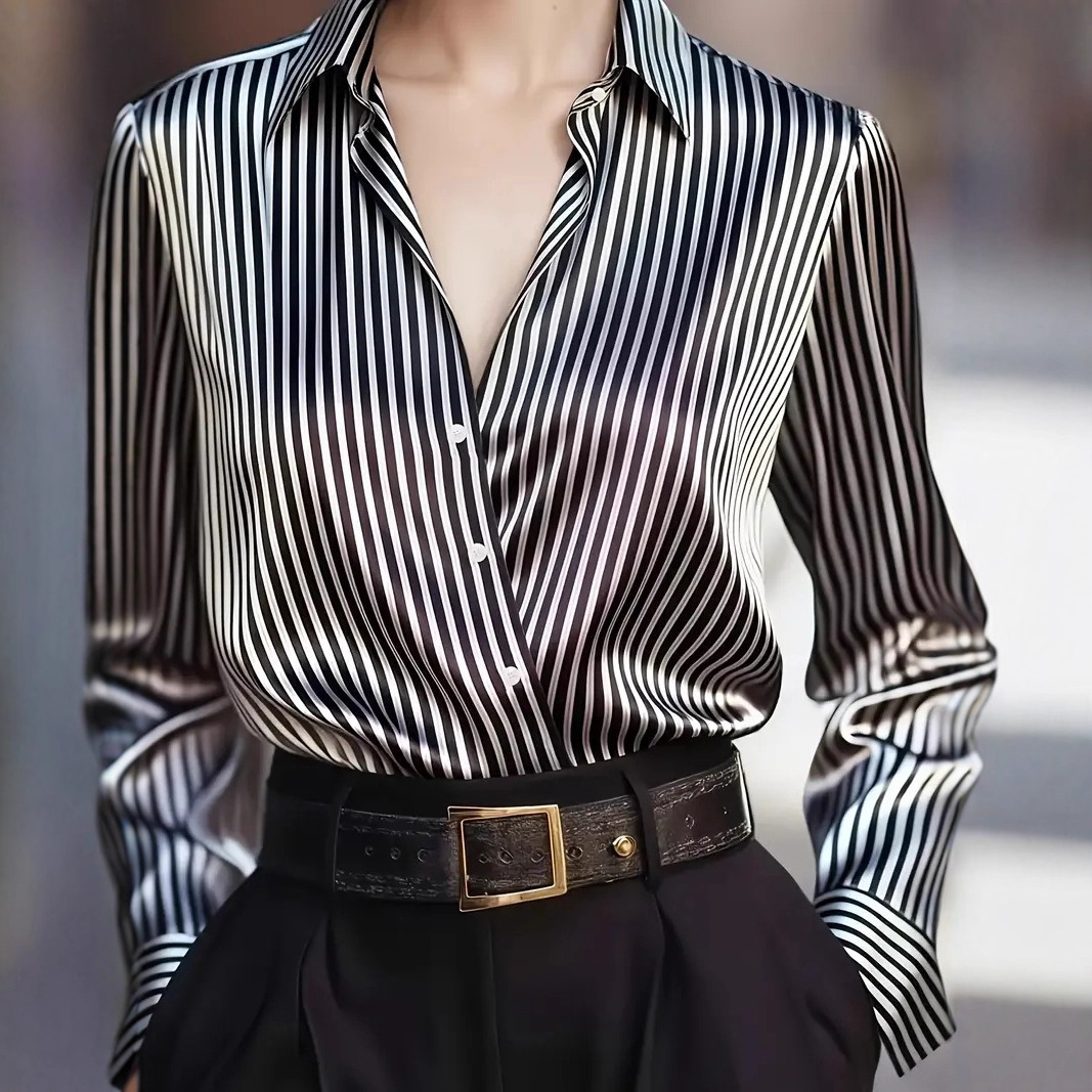 Autumn French Design Retro Stripe Niche Long Sleeve Shirt - Image 3