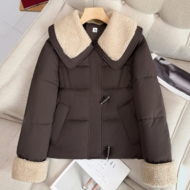 Patchwork Anti lamb Wool Lapel Short Cotton padded Coat Brown - Shop at LoveMi
