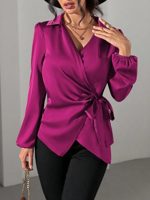 Women's Solid color Designer style Long sleeve Satin Shirt Purple - Shop at LoveMi