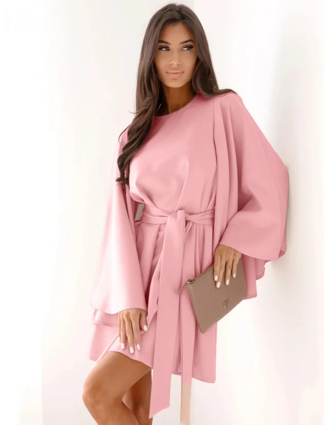 Autumn Fashion Solid Color Round neck Flared Sleeves Lace up Waist Dress Pink - Shop at LoveMi