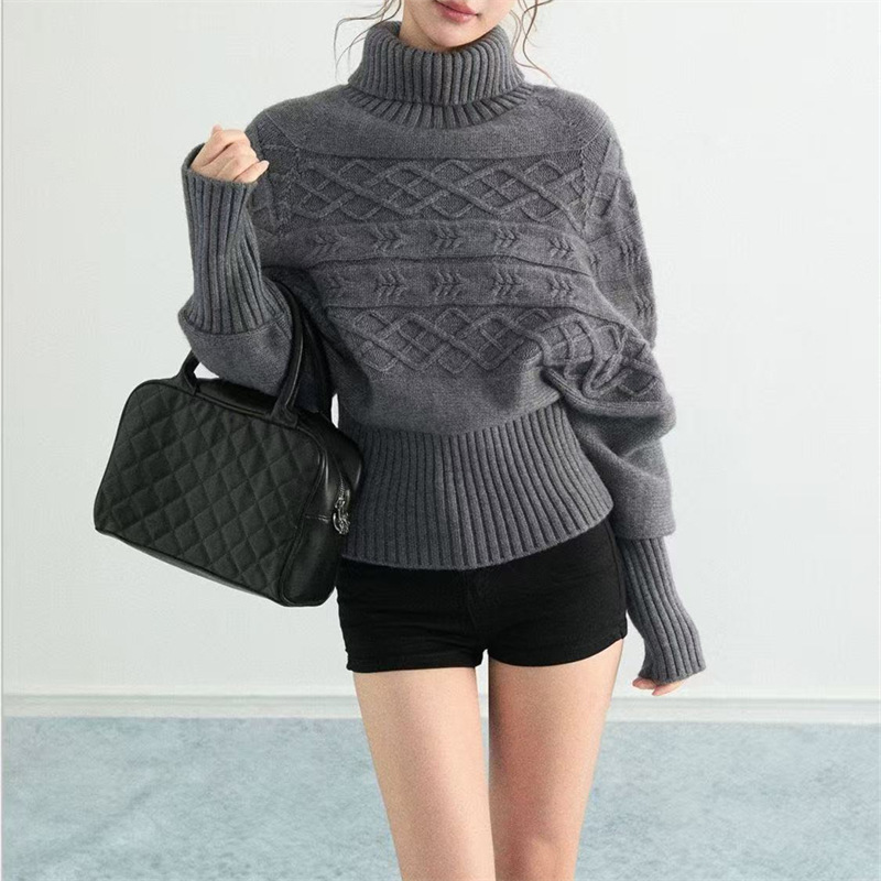 Turtleneck Cable-knit Batwing-sleeve Waist-cinching Relaxed-fit Slimming Sweater