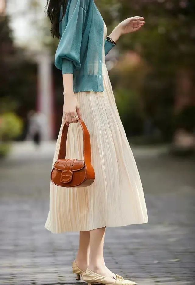 Spring And Summer New Exquisite Artistic Pleated Fairy Pleated Skirt Beige - Shop at LoveMi
