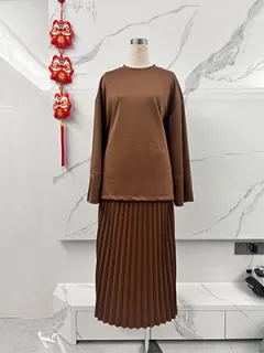Round Neck Loose Casual Top Retro Temperament Skirt Suit - Camel - View 1