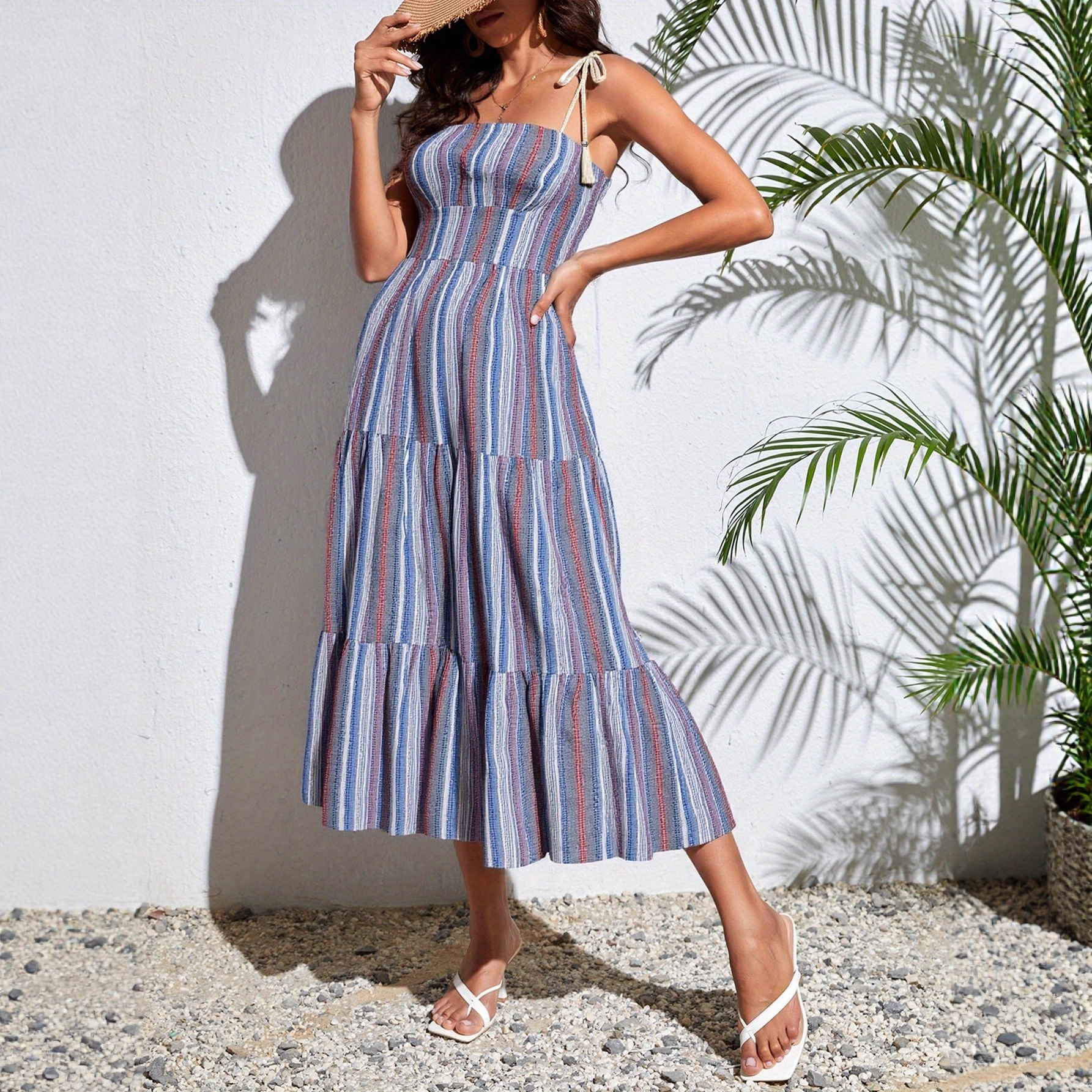 Blue And White Striped Strapless Back Waist Gathered Waist Dress Dark Blue - Shop at LoveMi