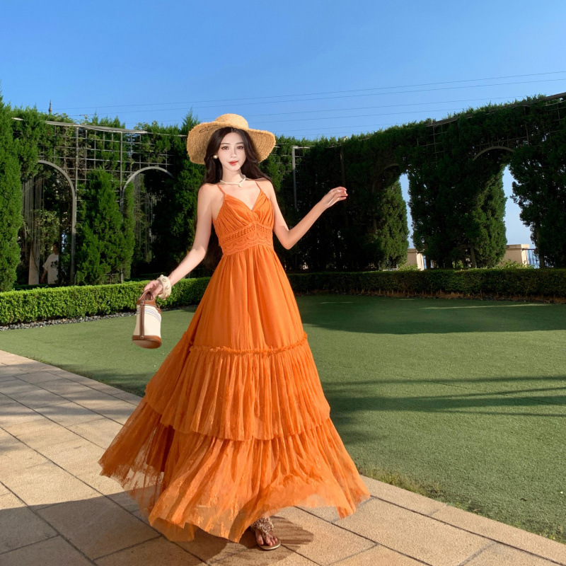 Orange Lace Panel Sexy Backless Dress