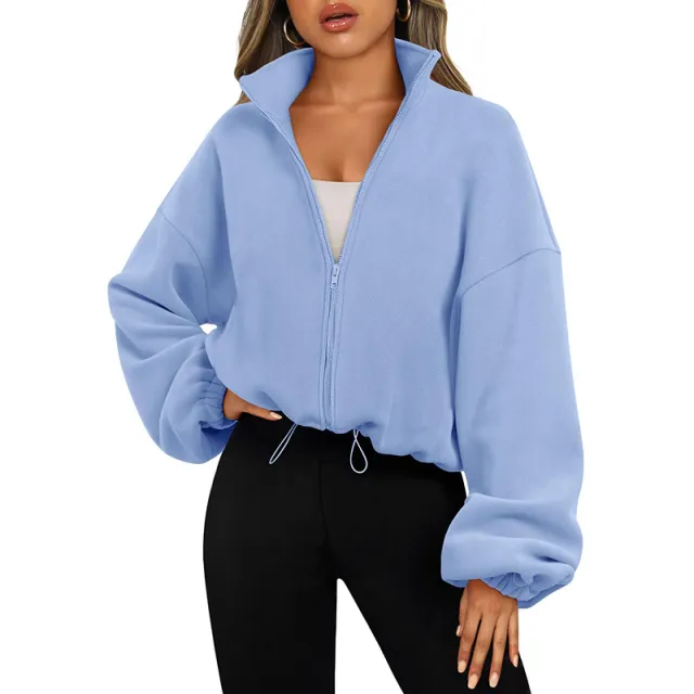 Women's Solid Color With Fur Sports Zipper Coat Light Blue - Shop at LoveMi