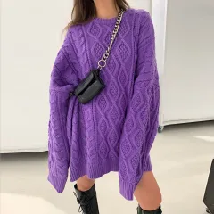 Round Neck Hip Twist Casual Loose Dress Sweater - Purple - View 1