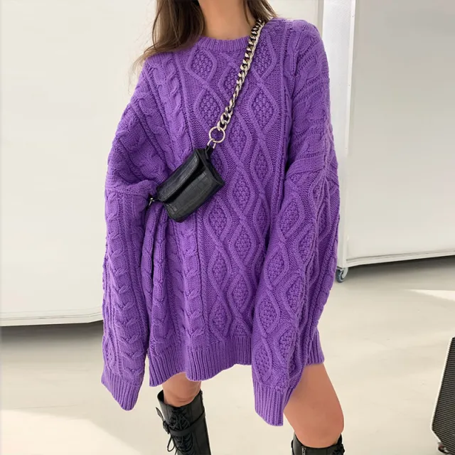 Round Neck Hip Twist Casual Loose Dress Sweater Purple - Shop at LoveMi