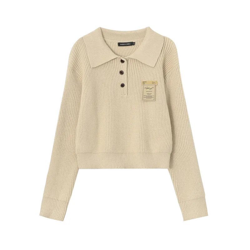 Oatmeal Color Lapel Korean Style Women's Sweater Idle Style Simple - Oatmeal Color