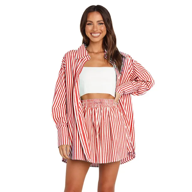Women's Fashion Shirt Striped Long Sleeve Split Two piece Set Red - Shop at LoveMi