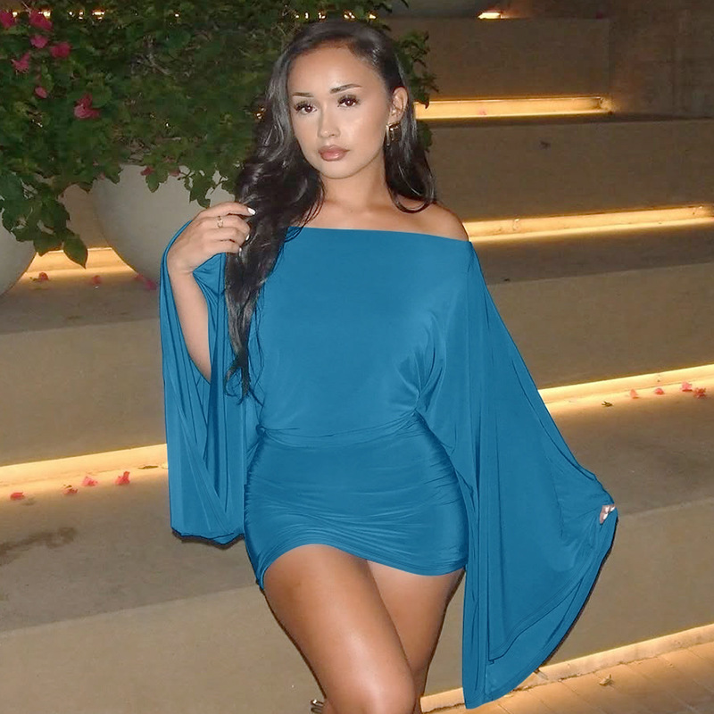 Designer-style Off-shoulder Batwing Maxi-sleeve Solid-color Bodycon Sheath Mini Dress