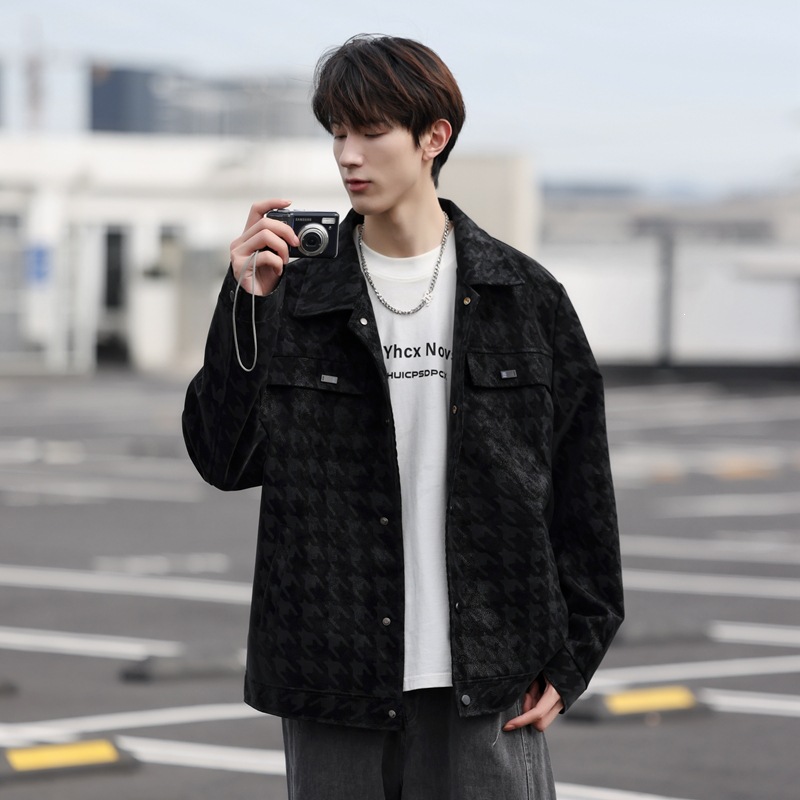 Business-Casual Houndstooth Quilted PU Leather Jacket