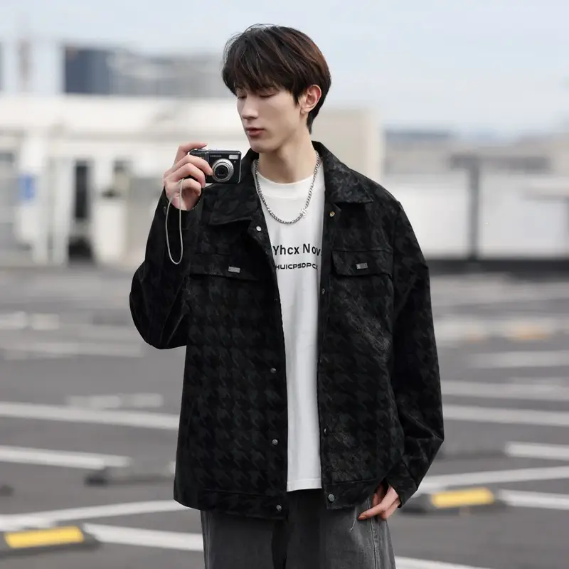 Business-Casual Houndstooth Quilted PU Leather Jacket