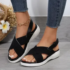 Strap Peep Toe Wedge Fly Woven Mesh Casual Sandals - Black - View 1
