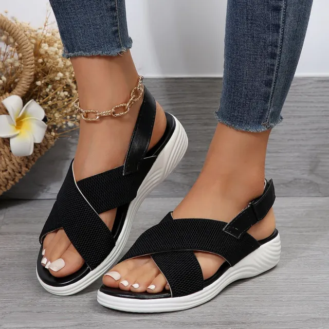Strap Peep Toe Wedge Fly Woven Mesh Casual Sandals Black - Shop at LoveMi