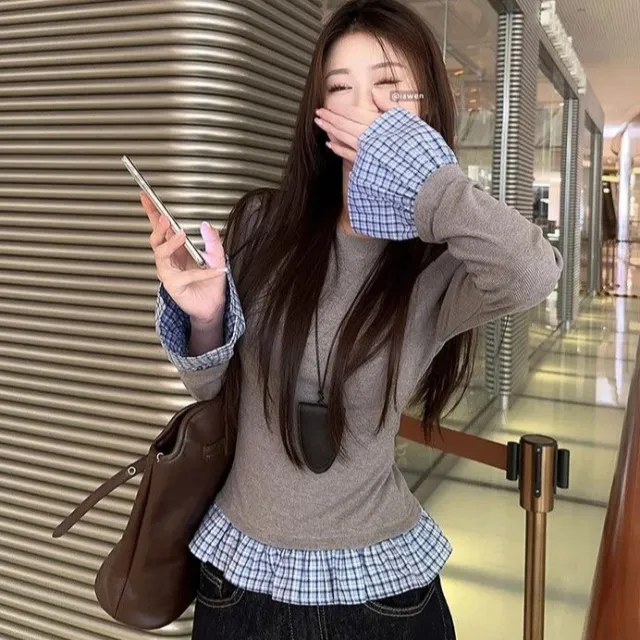 Stitching Dralon Warm Long Sleeves Female Slim Fit Slimming Top Light Gray - Shop at LoveMi