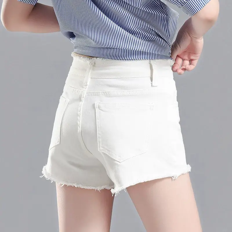 A-line Frayed Hem Mid-to-high Waist Stretchy Trendy Denim Shorts