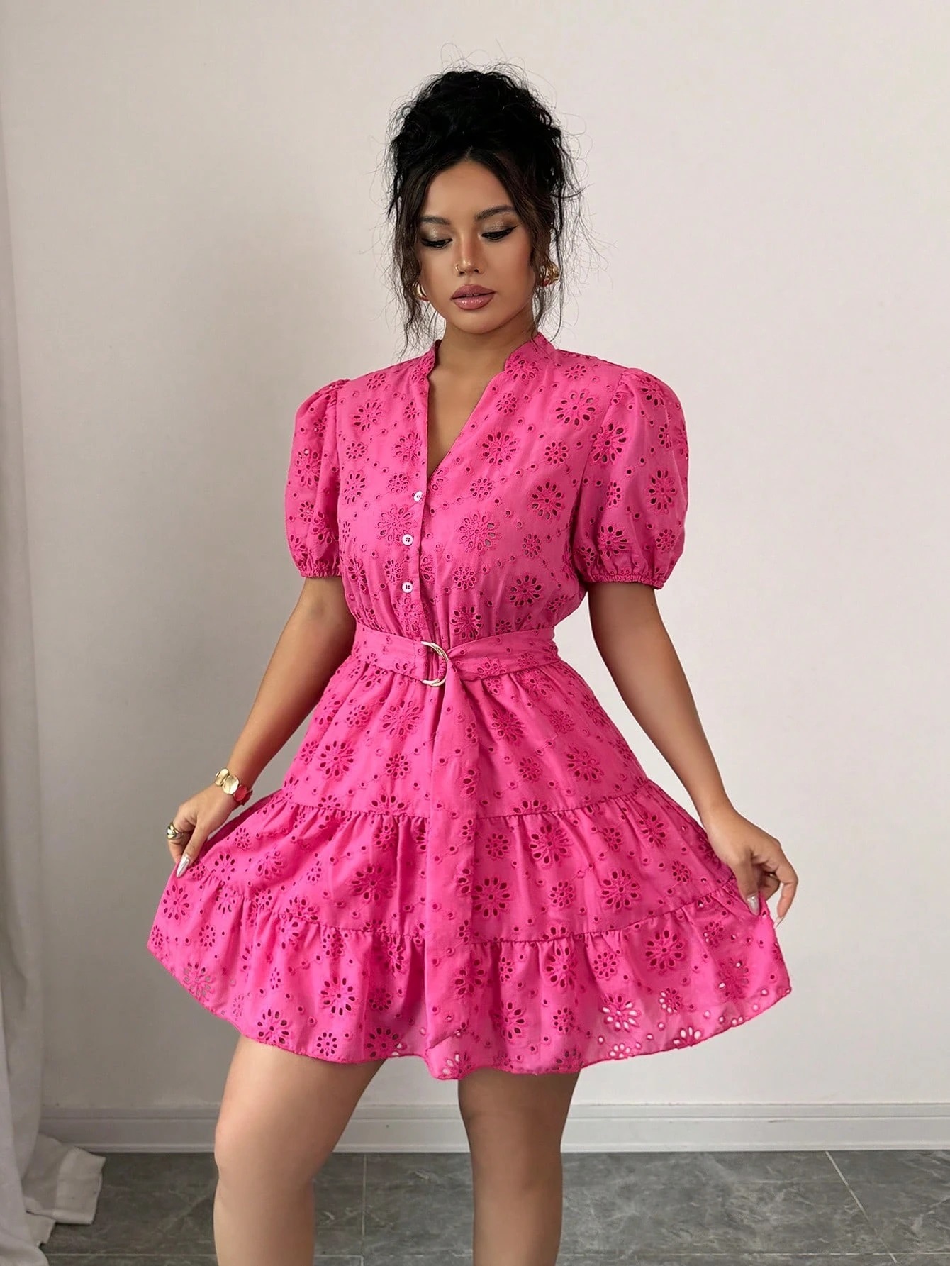 Versatile Everyday Vacation V Neck Button Short Sleeve Bubble Sleeve Belted Dress Rose - Shop at LoveMi