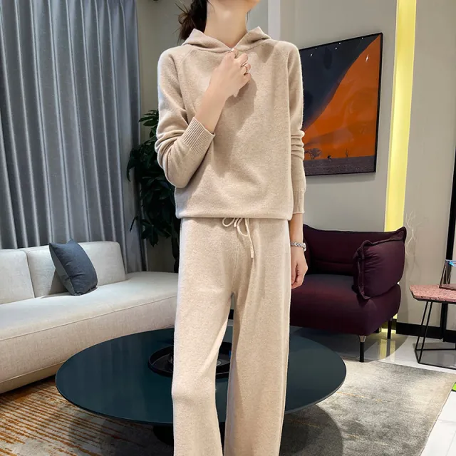 New Fashion Hooded Loose Top Knitted Wide Leg Pants Beige Apricot - Shop at LoveMi