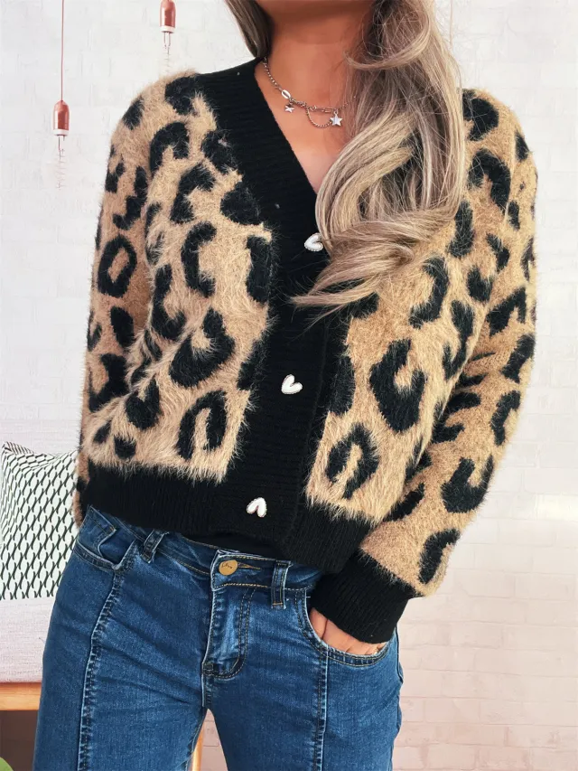 Thick Leopard Print Sexy V neck Short Single breasted Sweater Khaki - Shop at LoveMi