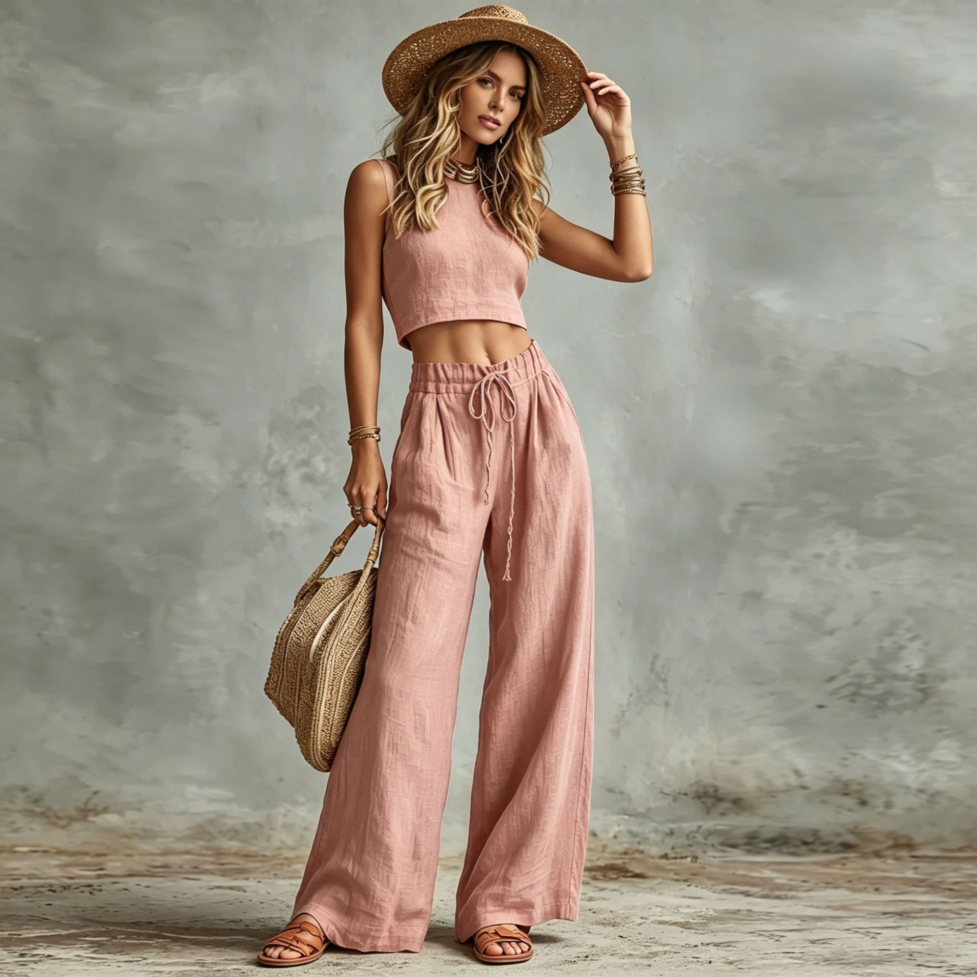 Vest Drawstring High-Waist Wide-Leg Pants Two-Piece Set 10