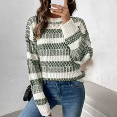 Autumn And Winter New Casual Striped Contrast Colour Sweater - Green - View 1