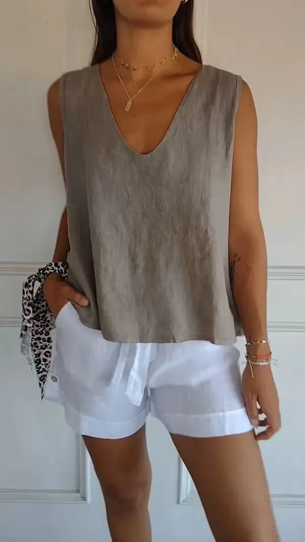 Women's Summer Casual Solid Color Cotton And Linen V neck Sleeveless Vest Khaki - Shop at LoveMi