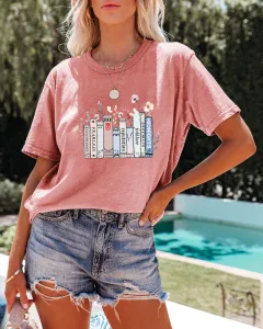 Summer New Book Flower T-shirt Cute Fashion Round Neck Pullover - Rose Gold - View 1