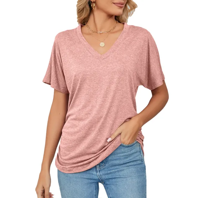 Leisure Pullover V neck Solid Color Loose T shirt Women's Top Pink - Shop at LoveMi