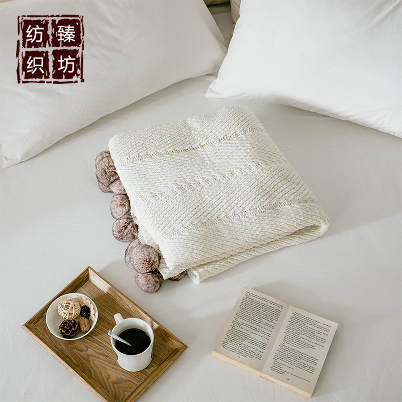 New Simple Chenille Ball Knitted Wool Blanket White - Shop at LoveMi