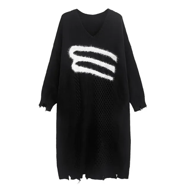 European style Relaxed fit V neck Jacquard Sweater Dress For Women Black - Shop at LoveMi