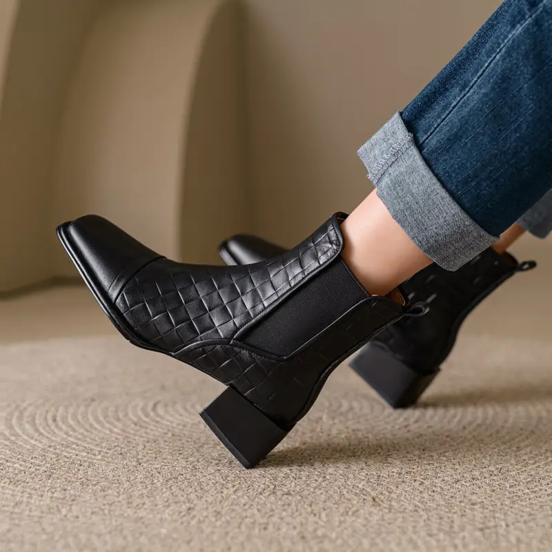 Retro Woven Square-toe Chunky-heel Womens Full-grain Leather Boots With Elastic Side Panels