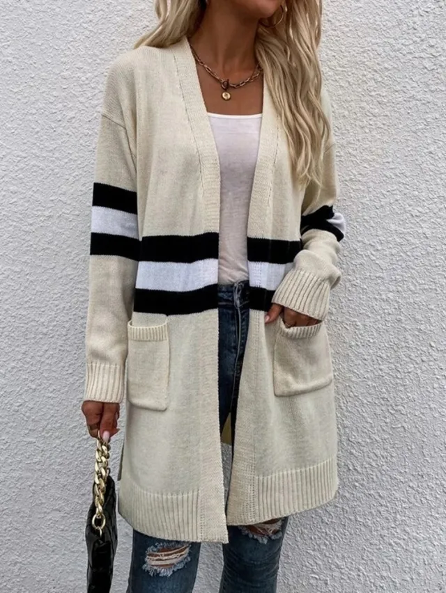 Striped Contrast Color Loose Casual Sweater Coat Apricot - Shop at LoveMi