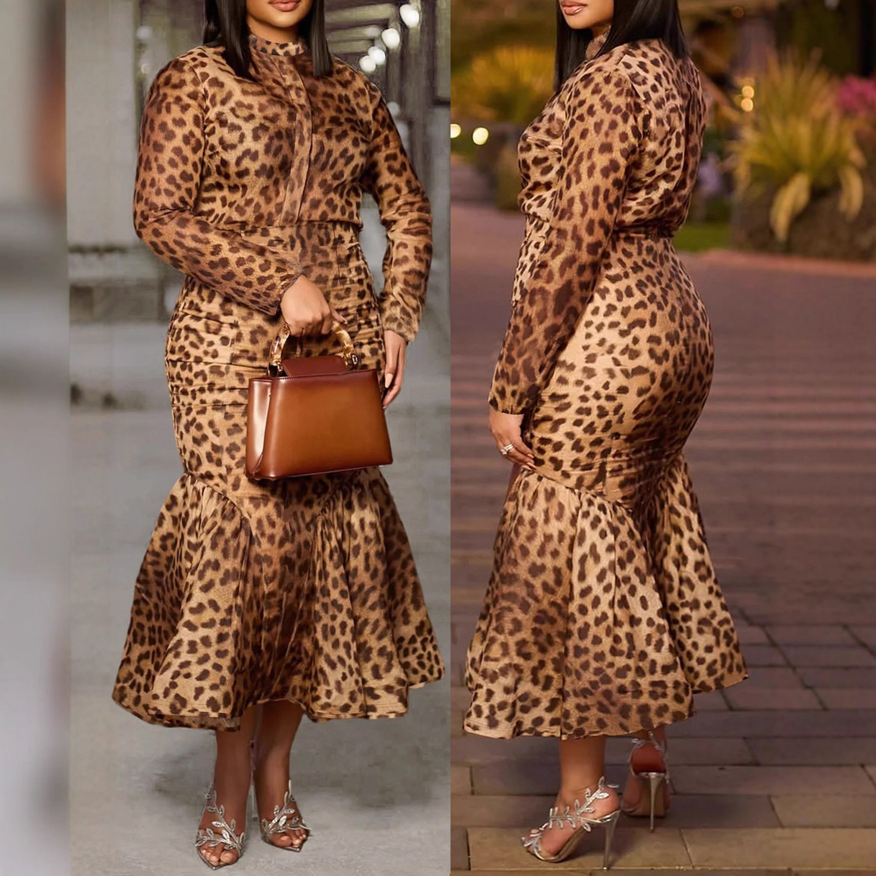 Plus-size Casual Two-piece Set Featuring A Long-sleeved Fishtail Skirt And Top