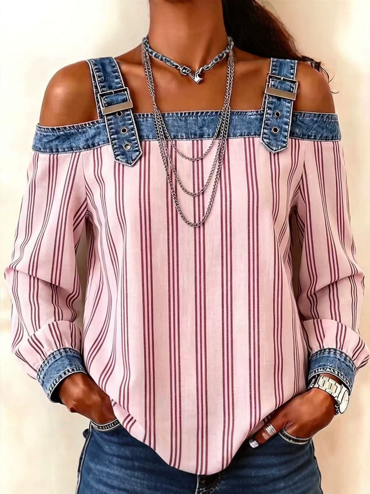Womens Denim Patchwork Off-Shoulder Top