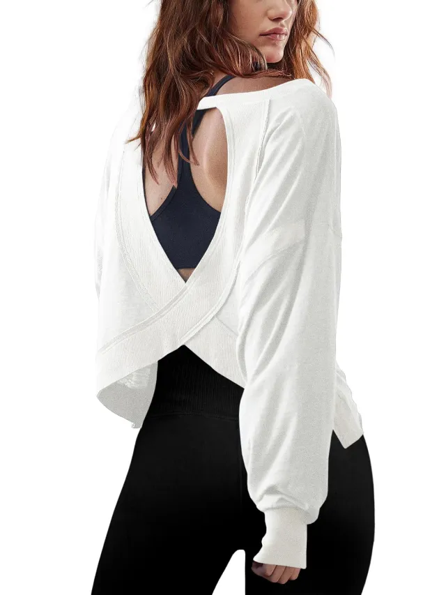 Women's Loose Long sleeved Backless Top Hollow out Short Round Neck T shirt White - Shop at LoveMi
