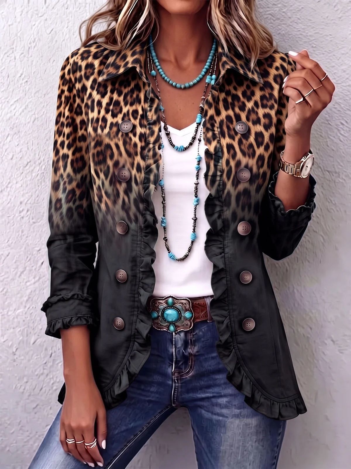 Women's long sleeve cardigan – full outfit view on model