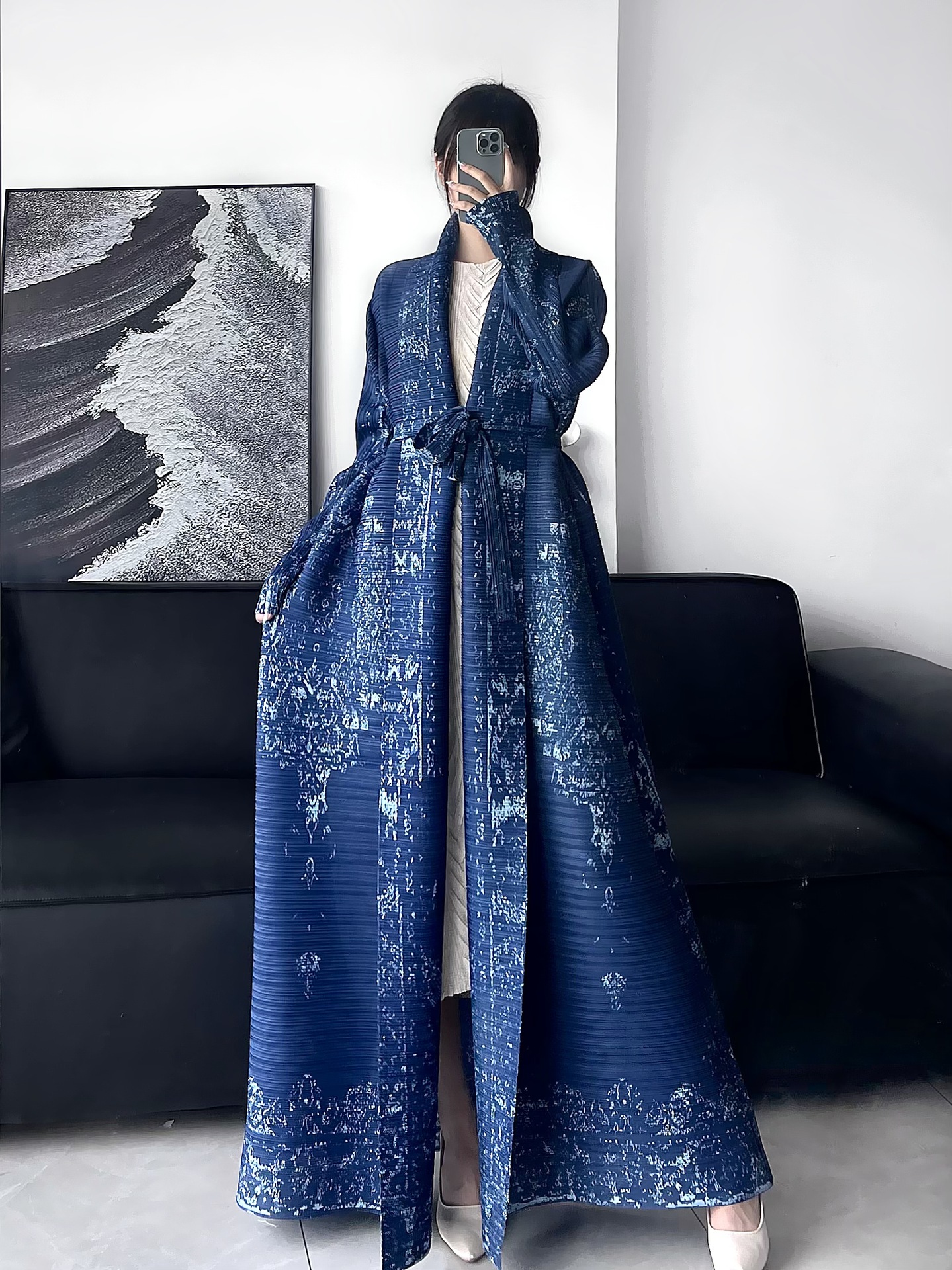Pleated Print Fashionable All-match Lace-up Loose Shawl Robe