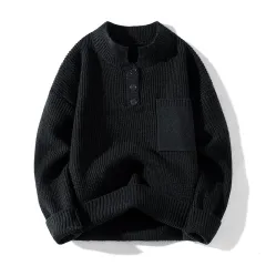Women's Solid Colour Versatile Half Turtleneck Button Sweater - Black - View 1