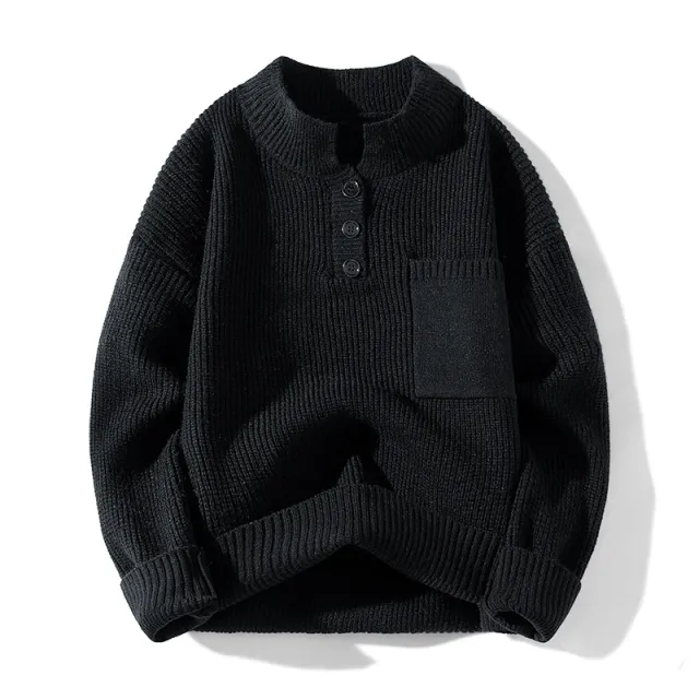 Women's Solid Color Versatile Half Turtleneck Button Sweater Black - Shop at LoveMi